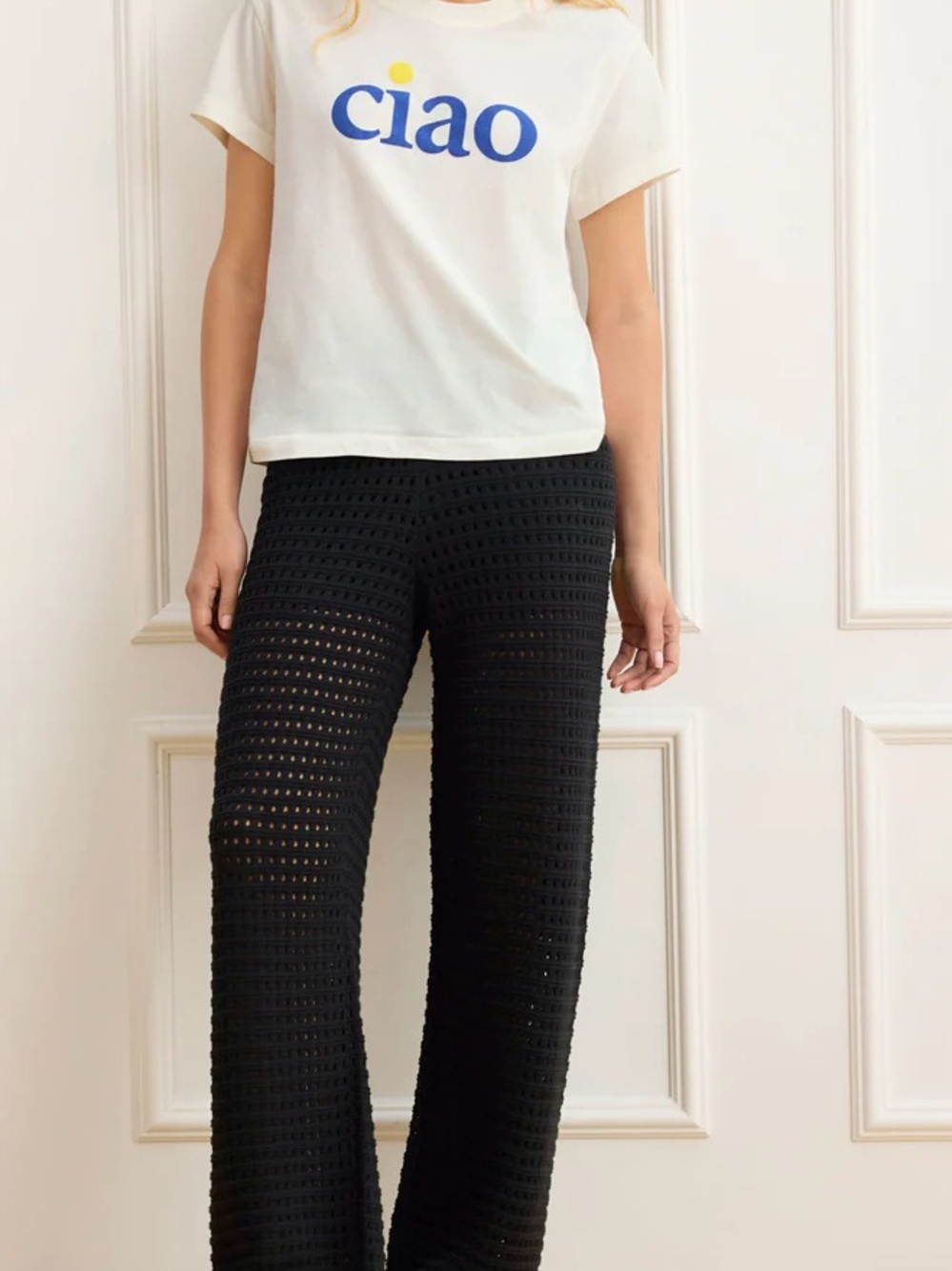 CAbi Black Crochet Wide-Leg Pants COVE Large NWOT 29” inseam